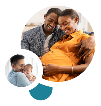 pregnant couple with inset photo of parent with newborn