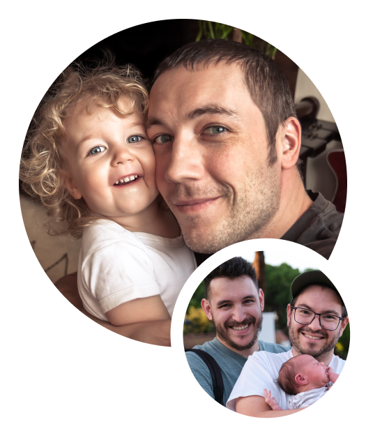 father with daughter with inset photo of gay male couple with their baby