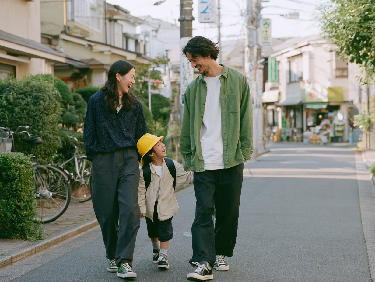 happy family walking to school with young student