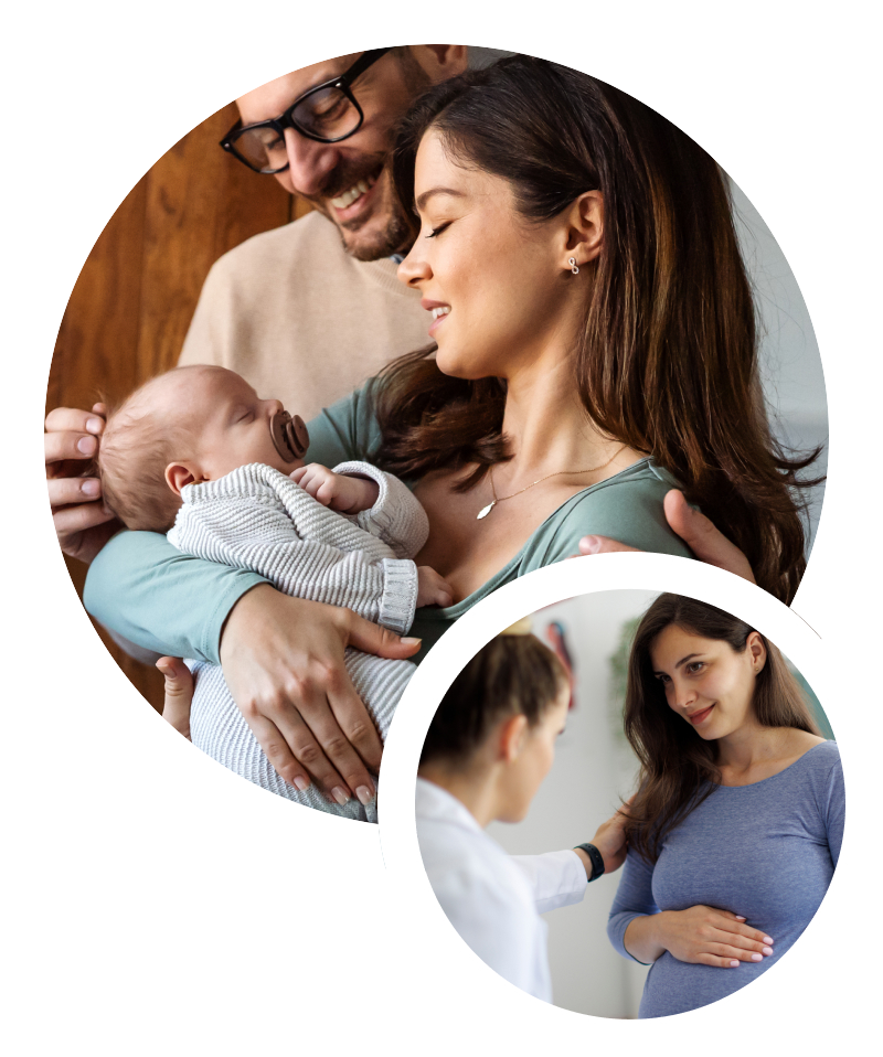 parents holding their baby with an inset photo of a pregnant woman with provider