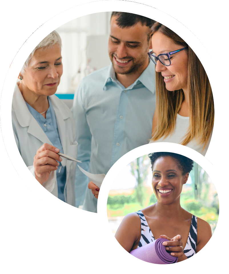 two circular images, one of a doctor consulting her fertility treatment patients, and the other of a woman holding a yoga mat