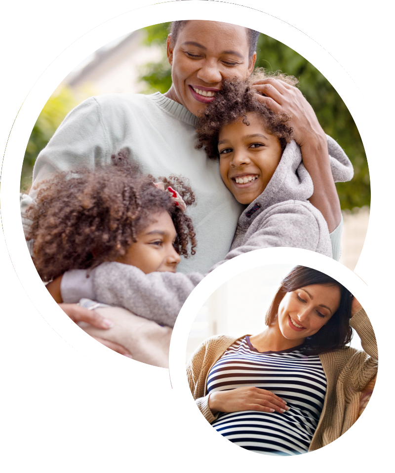 mother with two children and inset photo of pregnant woman