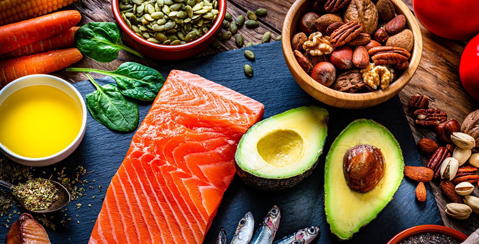 salmon, avocado, almonds and other healthy looking foods
