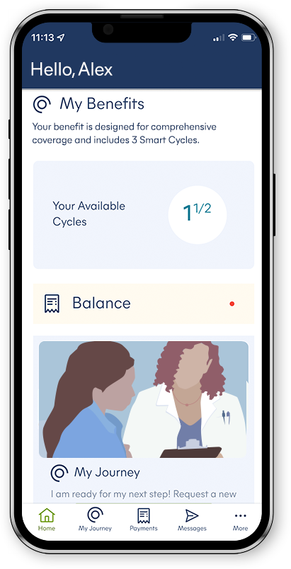 Screenshot of Progyny's member app showing My Benefits, available cycles and balance
