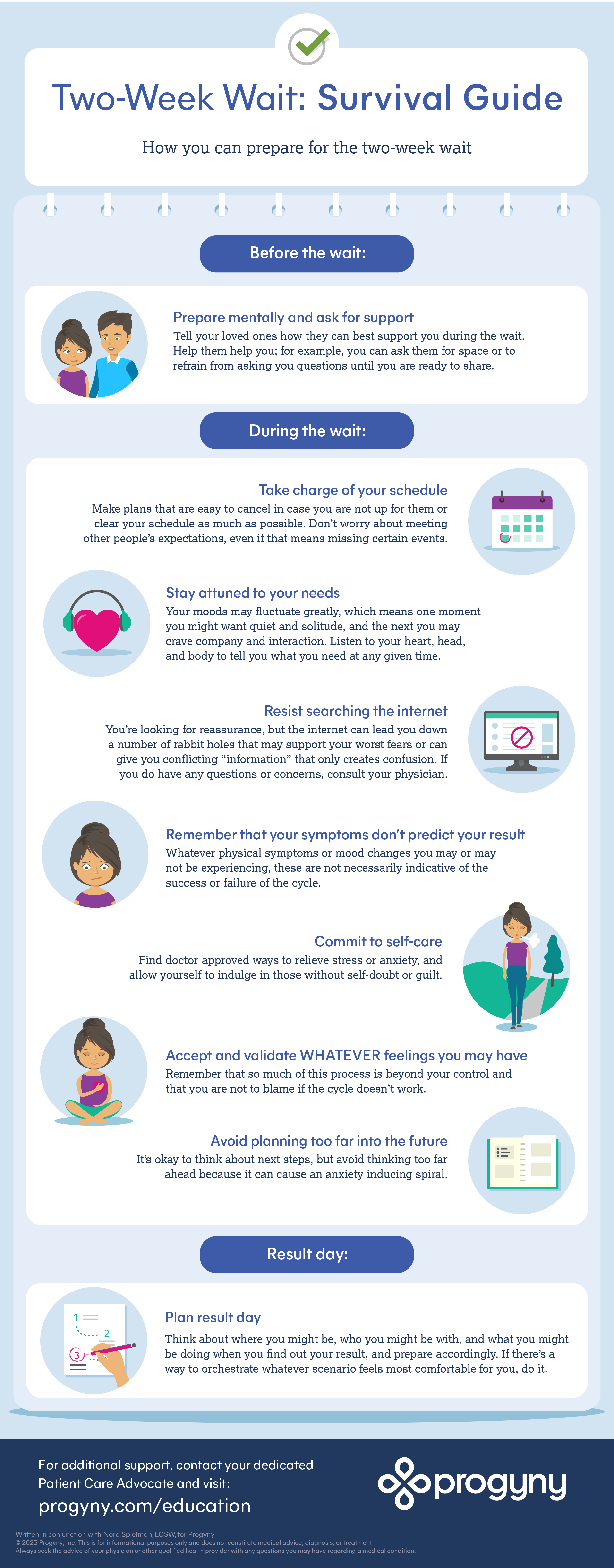 Two-week wait survival guide - An illustrated infographic with tips on how to mentally and emotionally prepare for the plan result day