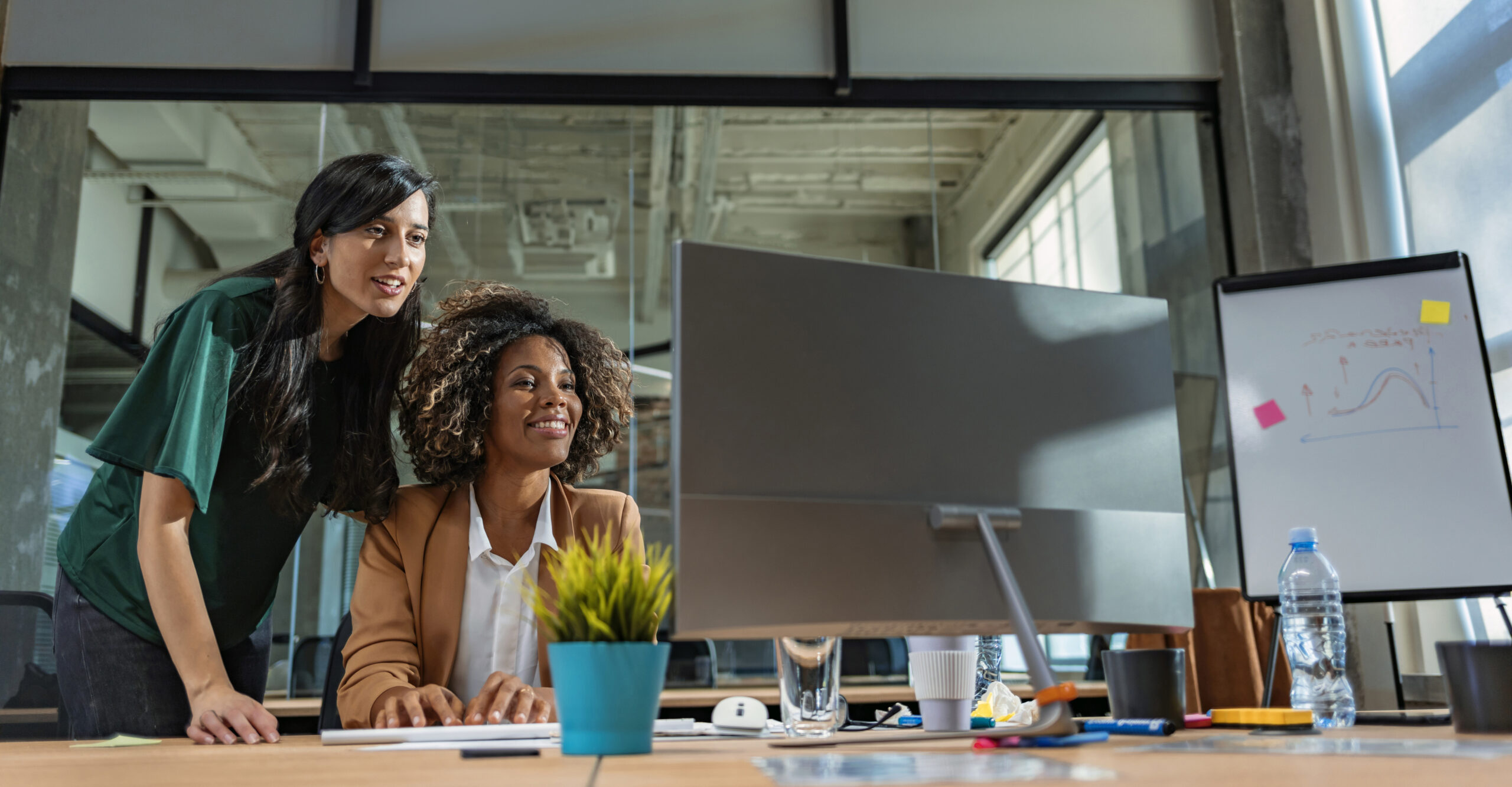 two women at work viewing a computer screen