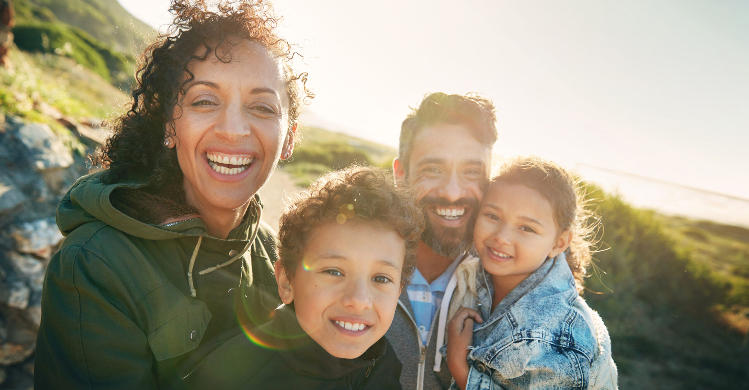 happy family hiking in nature