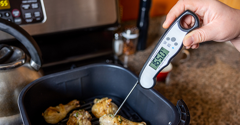 a meat thermometer measuring chicken temperature