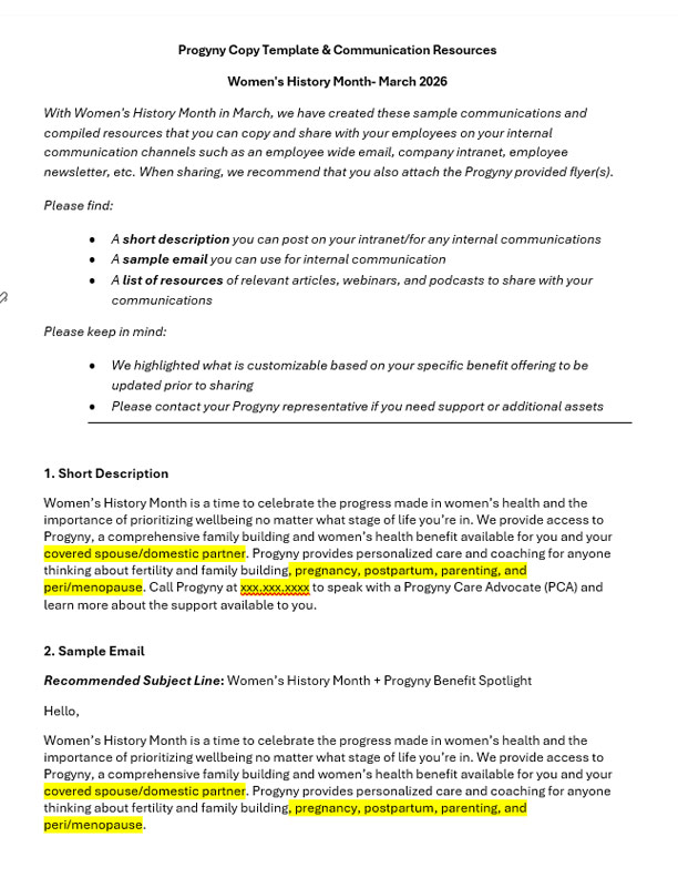 screenshot of sample copy template