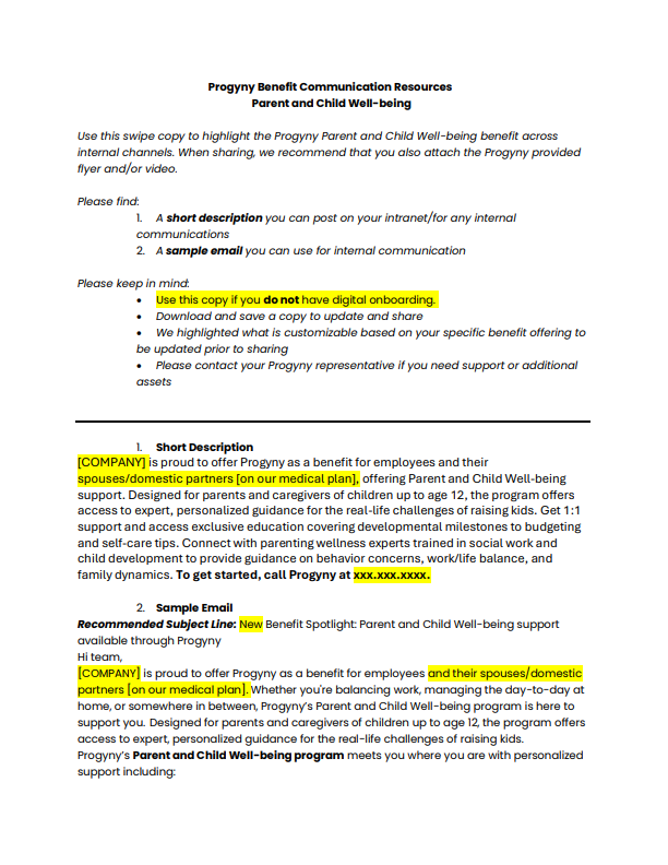 Screenshot of a sample communications document