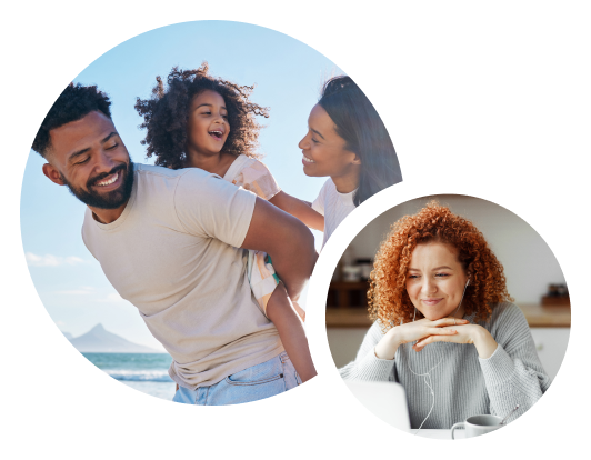two circular images - one family with young daughter, and inset image of a woman looking at laptop