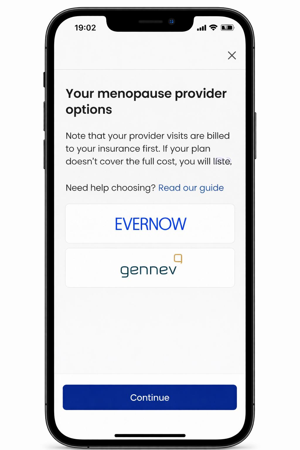 Your menopause provider options - app screenshot