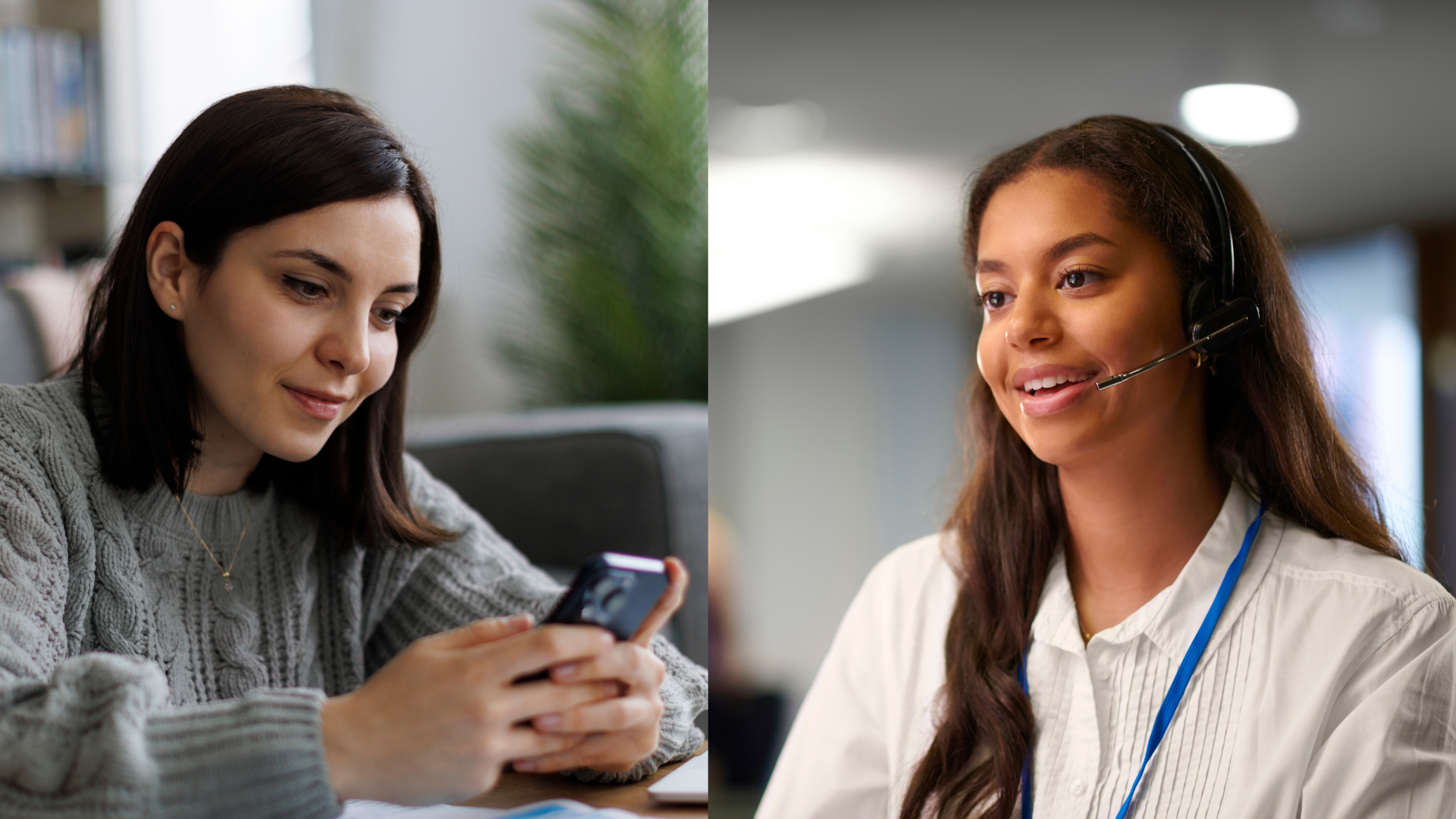 woman looking at her phone, communicating with her PCA who is wearing a headset