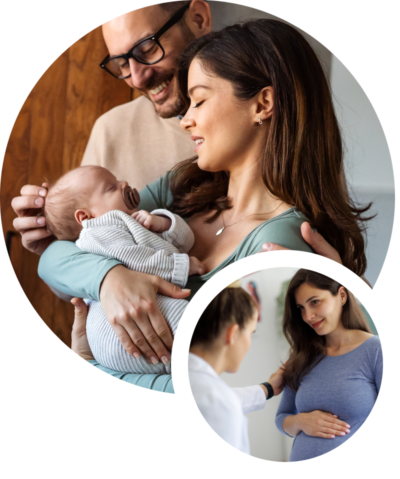 a couple with a newborn baby and an inset image of a pregnant woman with her provider